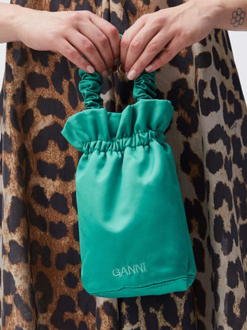 GANNI emerald Green Ruched Handle Bucket Bag with detachable shoulder strap
